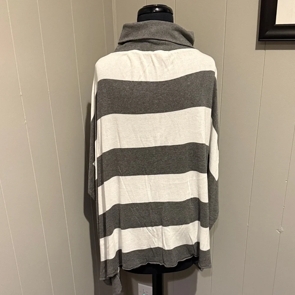 M. Rena Charcoal and White Striped Cowl Neck Preppy Sweater Poncho